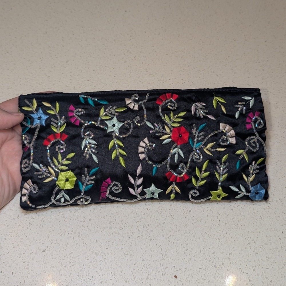 Sasha New York Clutch Black Satin Floral Embroidered Beaded Evening Bag 90s Y2K